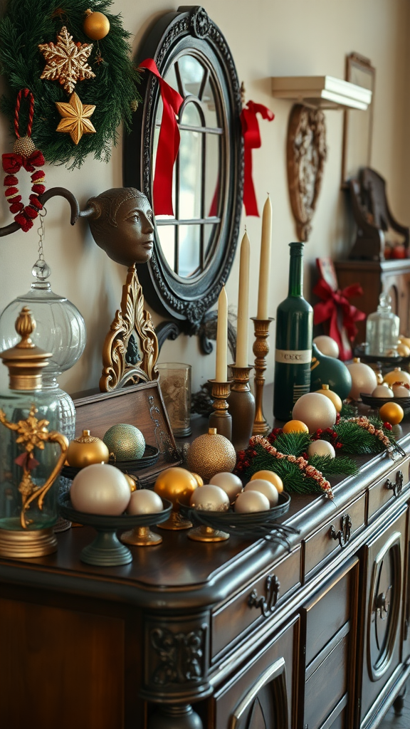 A beautifully decorated vintage Christmas display with ornaments, candles, and a mirror.