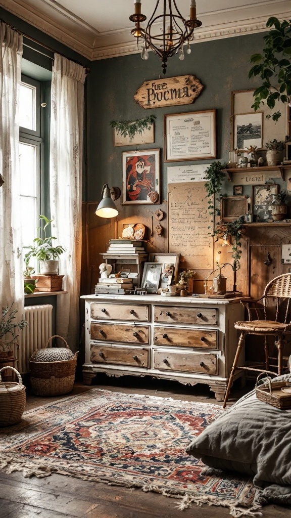 Cozy vintage boho bedroom with rustic decor, books, and plants.