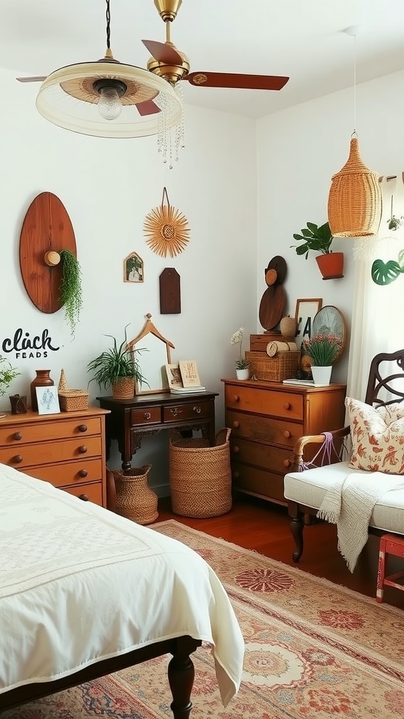 A stylish boho bedroom featuring vintage furniture, colorful decor, and plants.