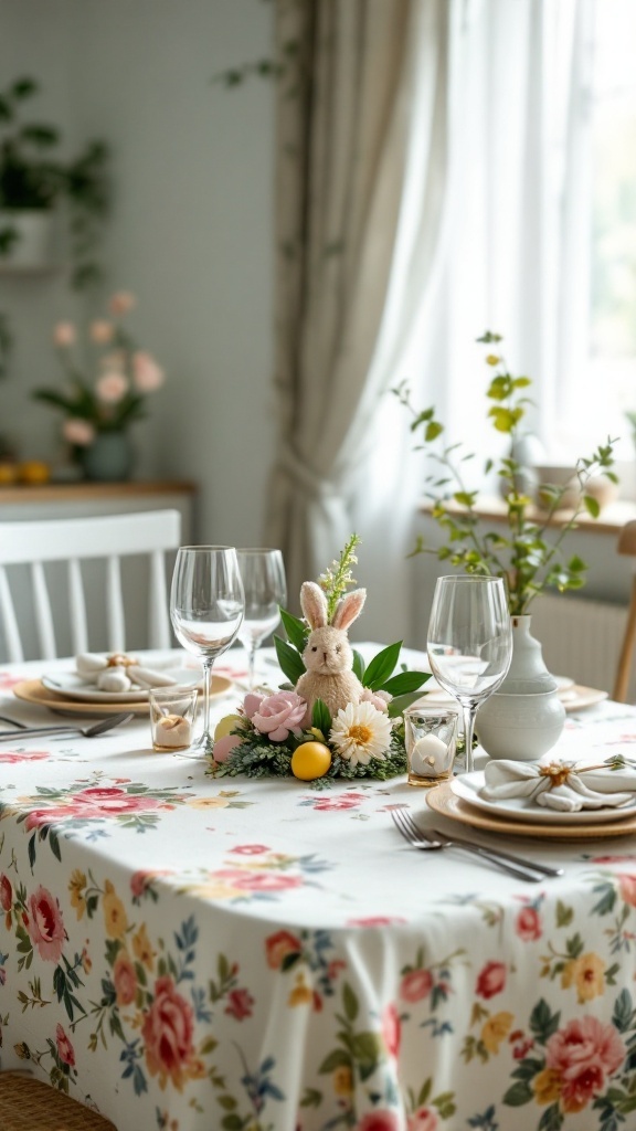 A vintage floral tablecloth set for an Easter celebration, featuring a bunny centerpiece and elegant dinnerware.