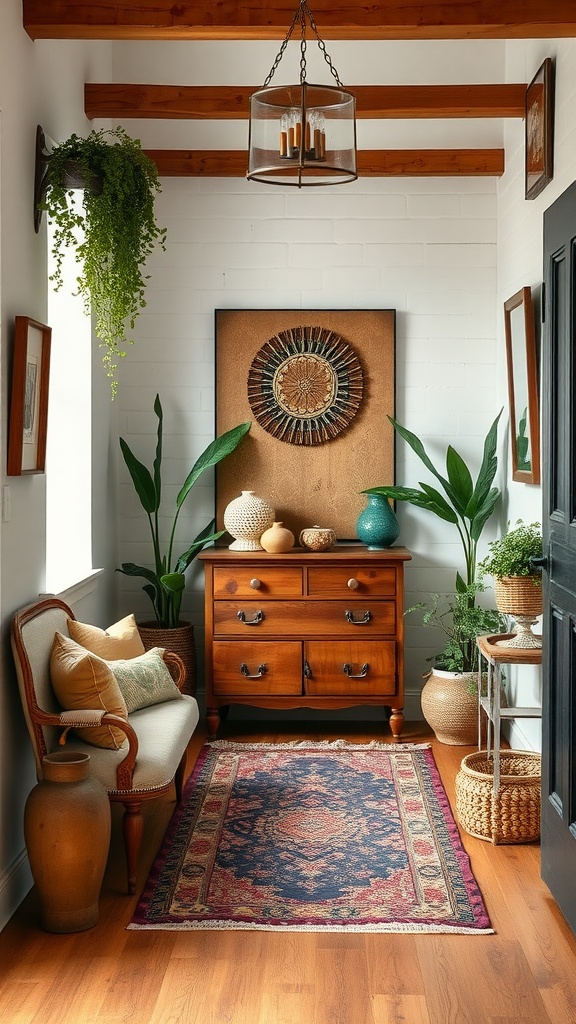 A boho-style entryway featuring a vintage wooden dresser, a cozy armchair with pillows, plants, and decorative pieces.