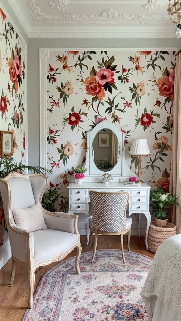 A vintage glam bedroom featuring bold floral wallpaper, elegant furniture, and decorative plants.