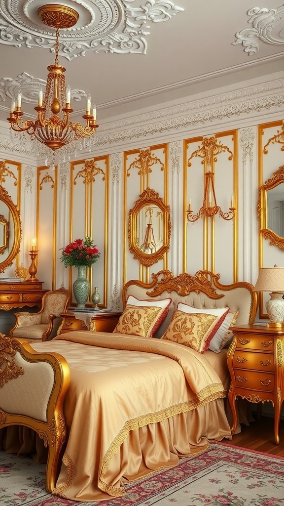 A luxurious vintage glam bedroom with gold accents, featuring ornate furniture, a chandelier, and warm color tones.