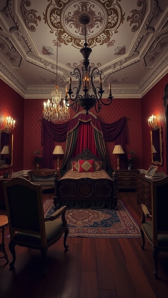 A vintage styled bedroom featuring red walls, ornate chandelier, and luxurious furnishings.