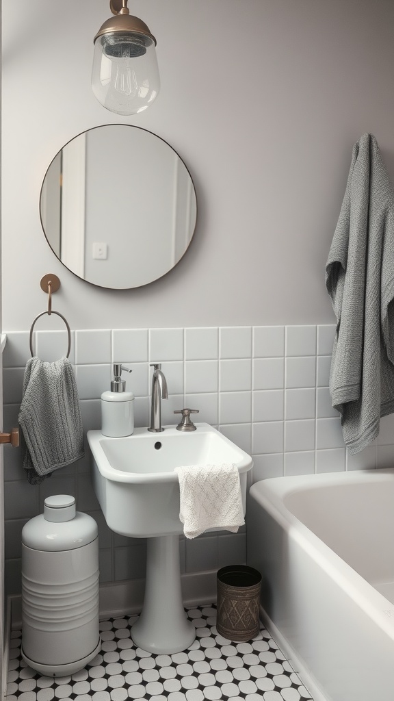 A vintage grey bathroom with accessories like a round mirror, textured towels, and decorative storage jars.