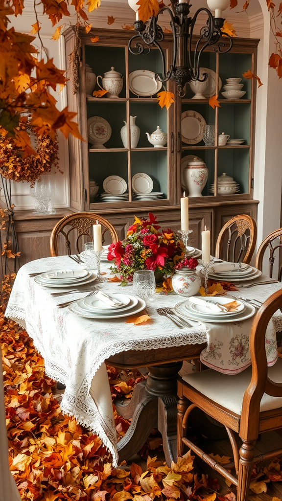 A beautifully set dining table with vintage dishware, surrounded by autumn leaves.