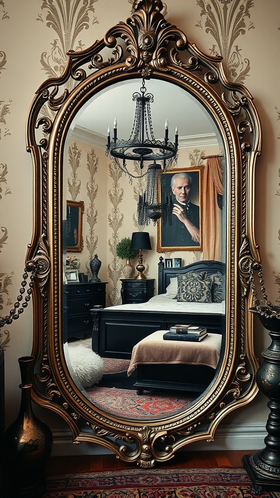 A vintage mirror with an ornate frame reflecting a stylish goth boho bedroom.
