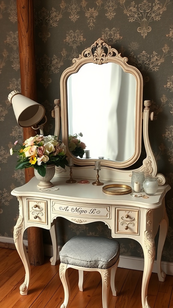 A vintage vanity table with a mirror, decorative items, and a floral arrangement.