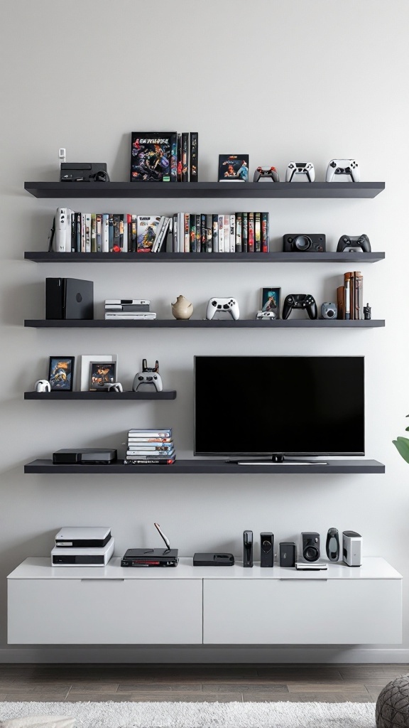 A modern gaming setup with wall-mounted shelves displaying games and consoles.