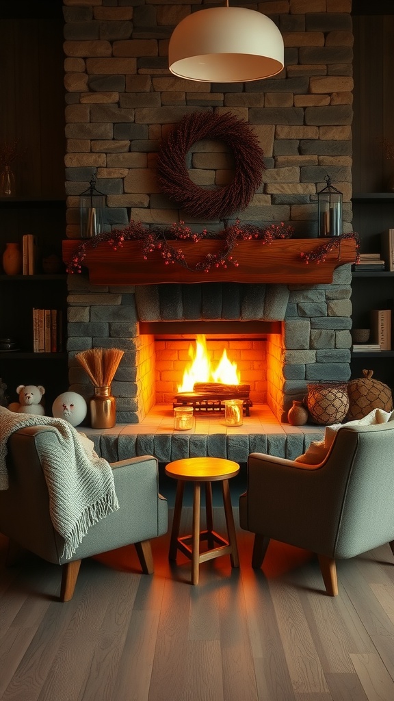 Cozy seating area with a fireplace, featuring two armchairs and a small table.