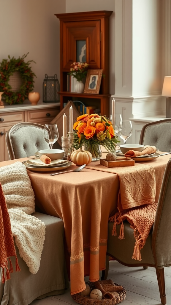 A cozy autumn table setting featuring warm colors, soft textiles, and a floral centerpiece.