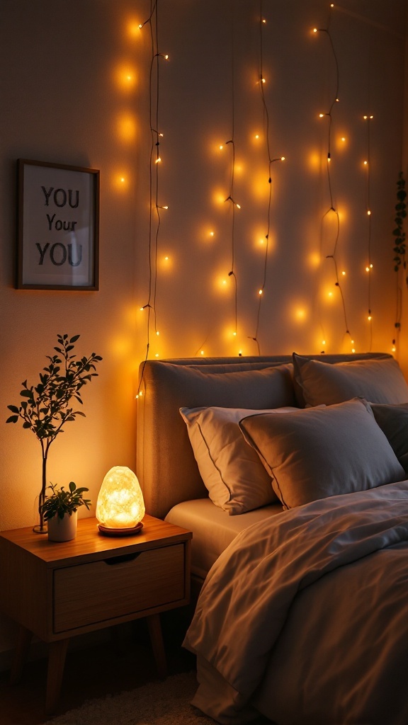 A cozy bedroom with warm lighting, featuring string lights on the wall and a soft lamp on the bedside table.