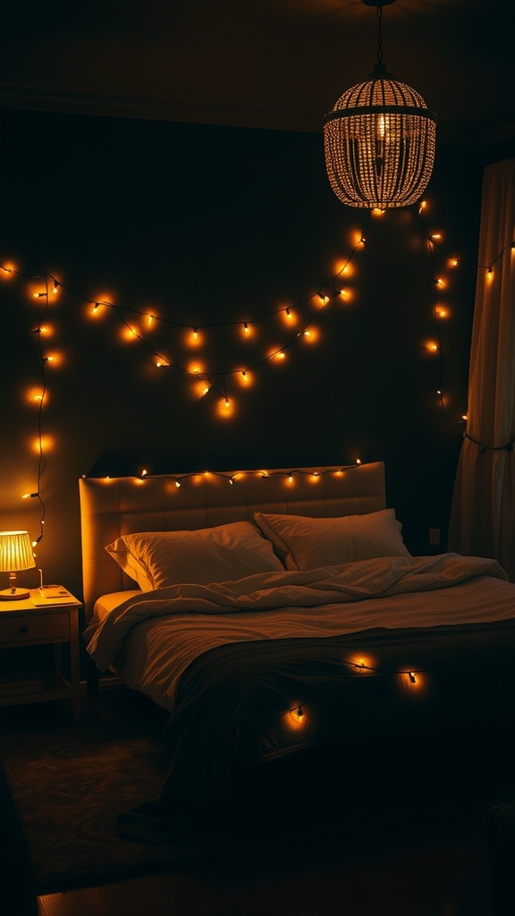 A cozy dark bedroom with warm lighting from string lights and a pendant lamp.