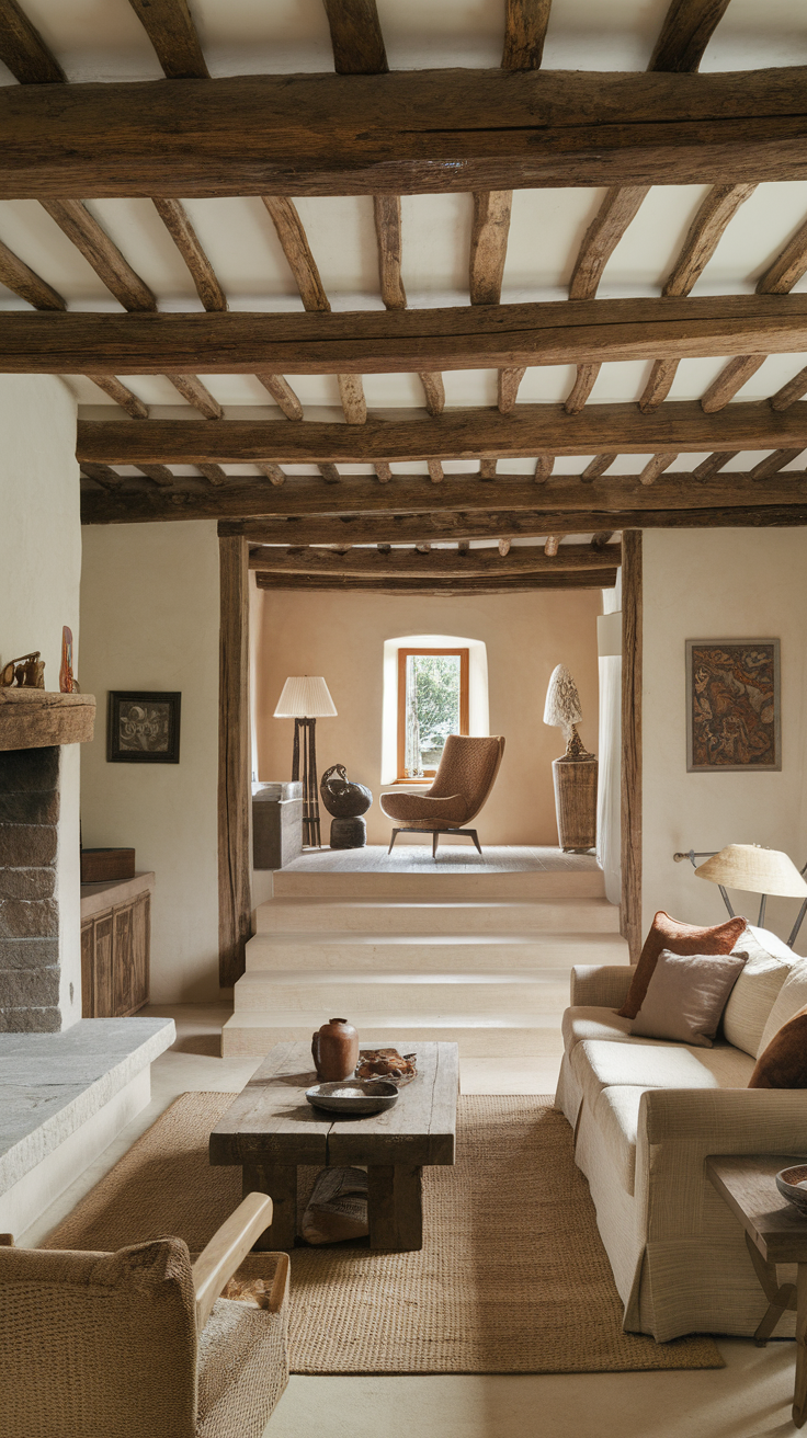 Interior of a rustic room featuring wooden beams, a comfortable chair, and a warm color palette.