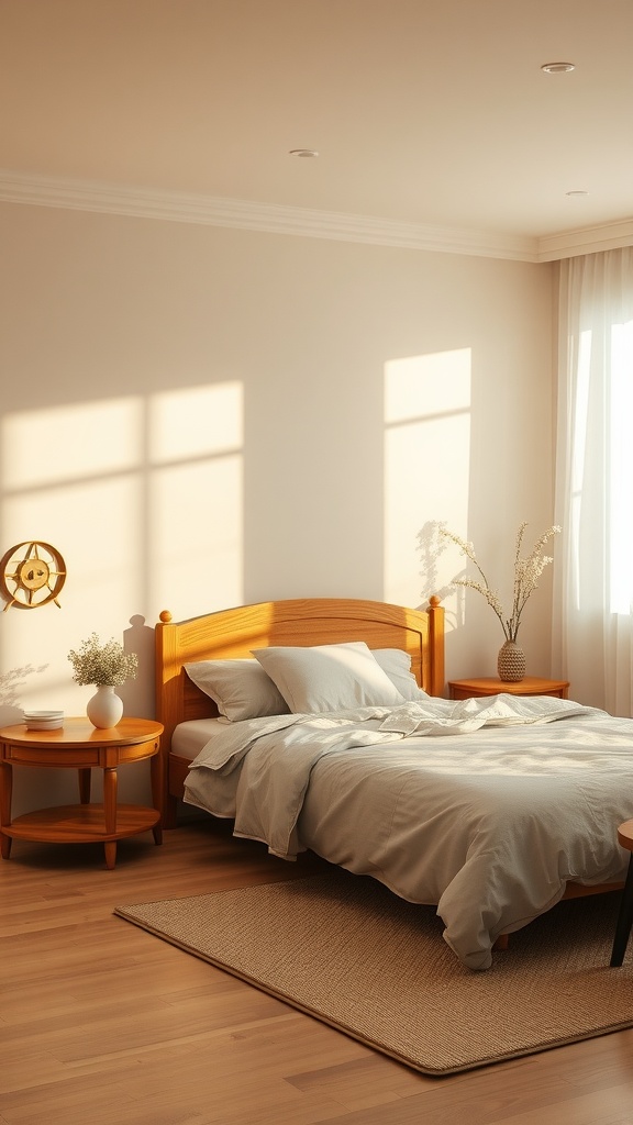 A cozy bedroom featuring warm taupe walls, wooden furniture, and soft natural lighting.