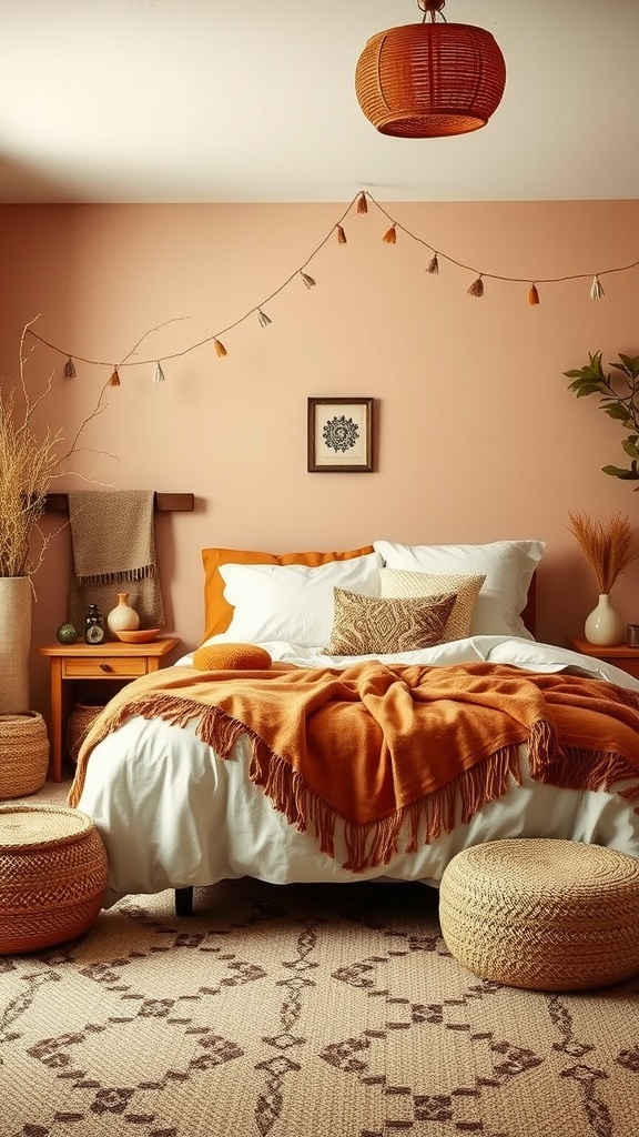 A boho bedroom featuring warm terracotta walls, cream bedding, and natural textures.