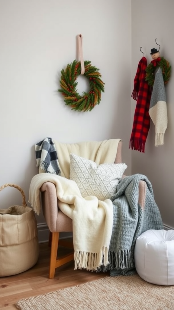 A cozy seating area featuring warm throws and blankets, perfect for winter.