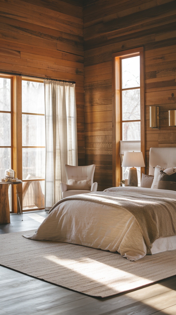 Modern rustic bedroom with warm wood walls and neutral tones