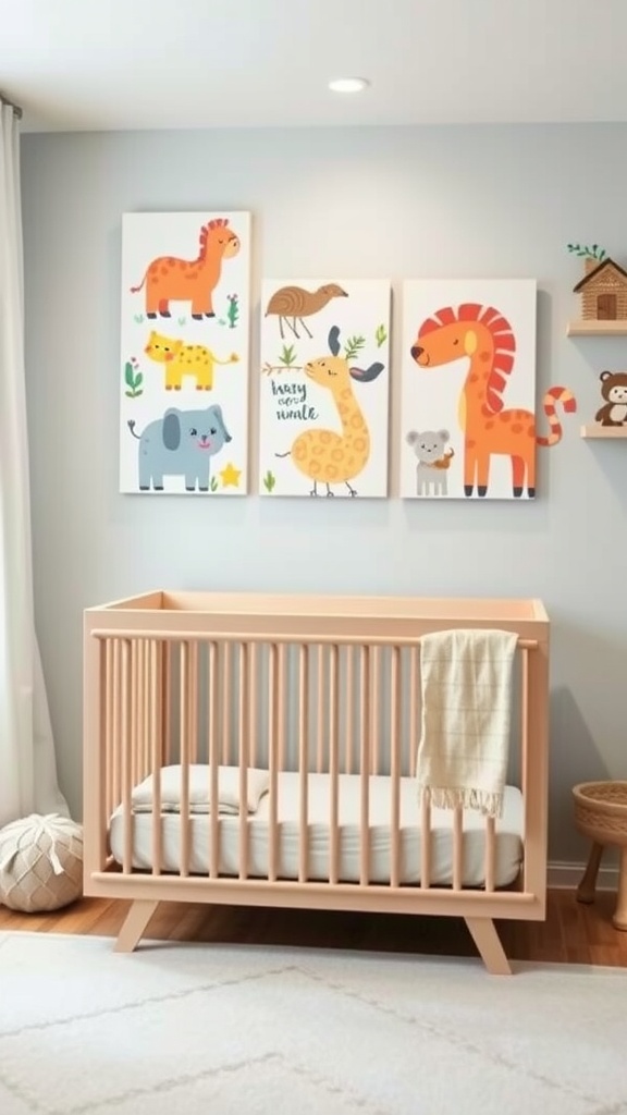 Nursery room with whimsical animal wall art featuring cartoon animals and a crib