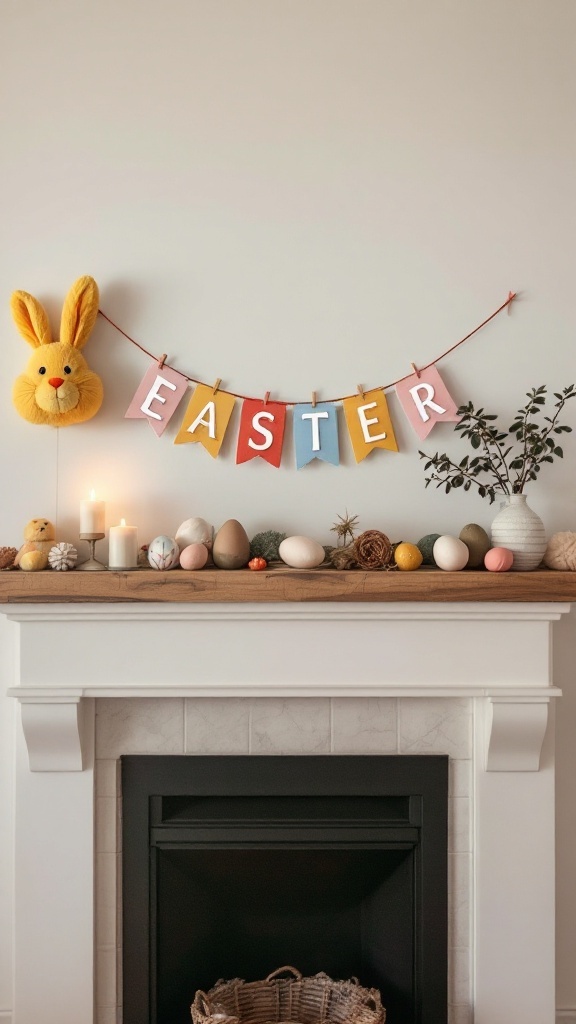 A festive Easter banner with letters spelling 'EASTER' and a bunny plush, decorated with candles and colorful eggs on a mantel.