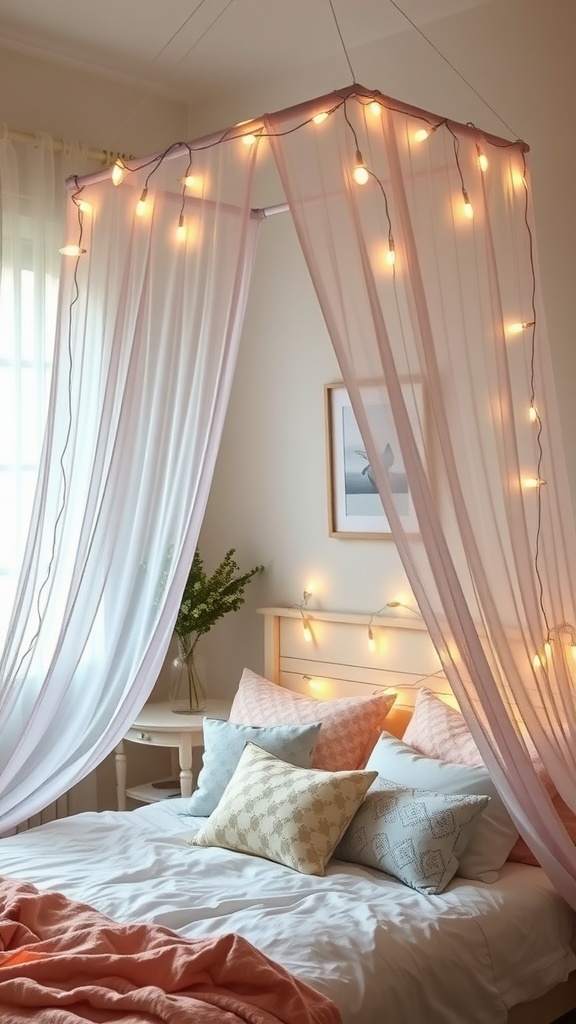 A cozy bedroom with a fairy light canopy, featuring soft drapes and twinkling lights above the bed.