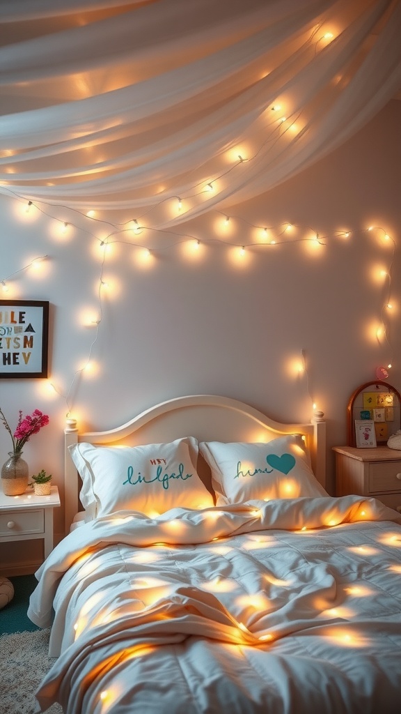 A cozy bedroom with fairy lights draped on the walls and bed, creating a warm, whimsical atmosphere.