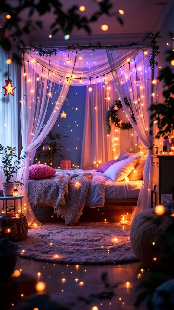 A cozy bedroom featuring a canopy bed with fairy lights, surrounded by plants and soft decor.