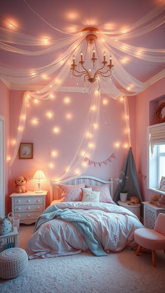 A cozy bedroom with pink walls, a chandelier, twinkling lights, plush bedding, and soft decor.