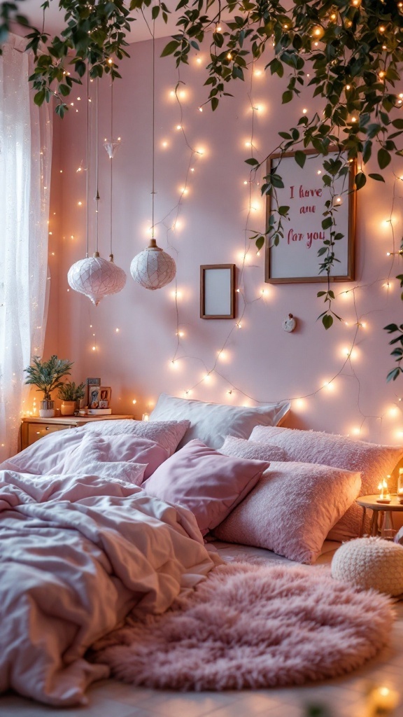 A cozy bedroom with pink decor, fairy lights, and hanging lanterns.
