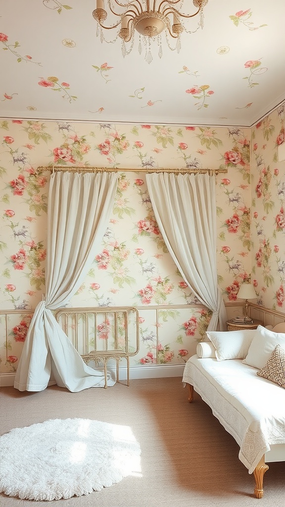 A vintage-inspired bedroom with floral wallpaper, light curtains, and a cozy seating area.