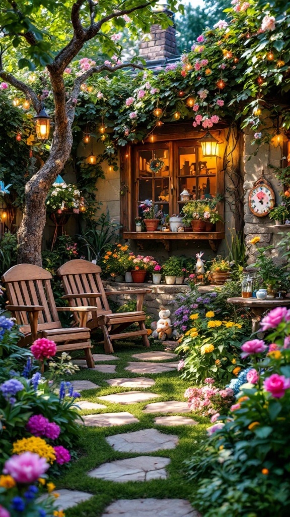 A whimsical garden with colorful flowers, a stone pathway, wooden chairs, and warm lights.