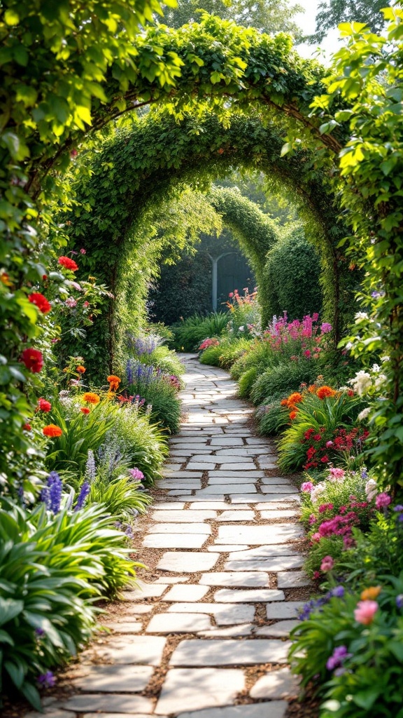 A picturesque garden pathway lined with colorful flowers and lush green arches.