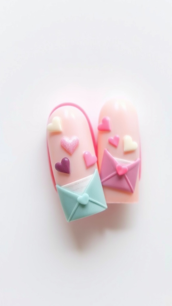 Nail art design featuring love letters and hearts