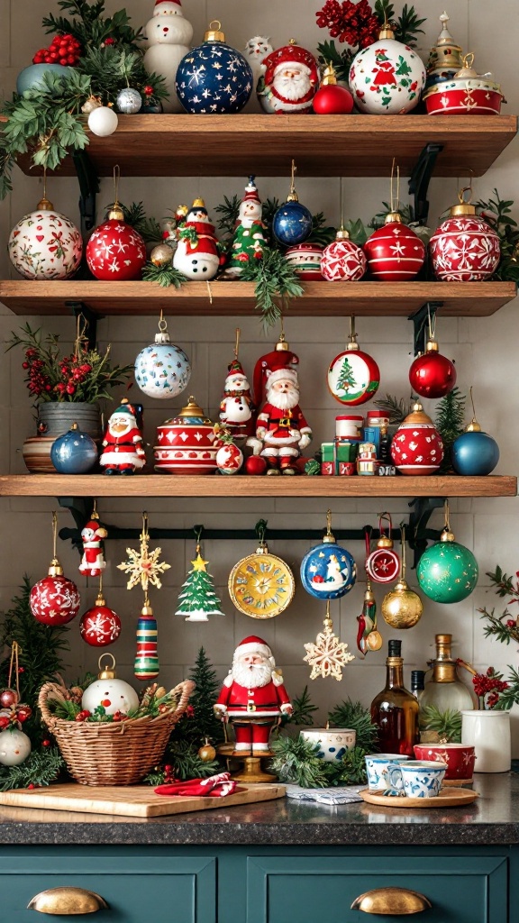 A festive display of colorful Christmas ornaments on wooden shelves in a kitchen.