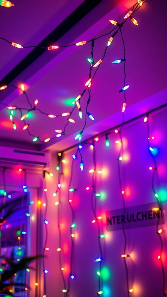 Colorful string lights hanging indoors