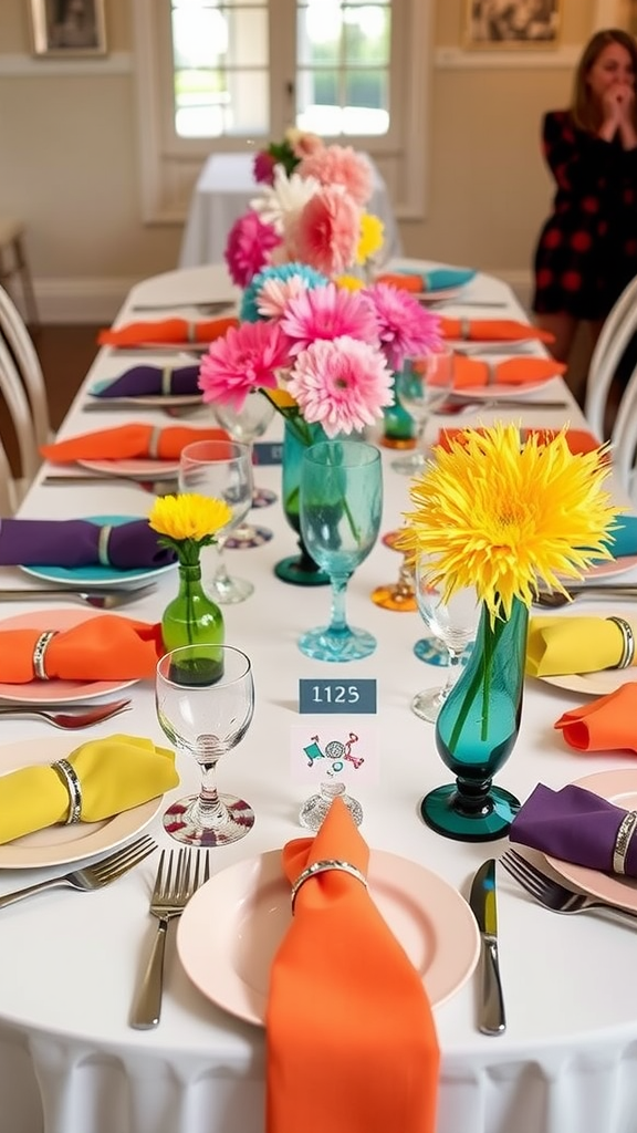 A vibrant Thanksgiving table setting with colorful flowers and napkins.