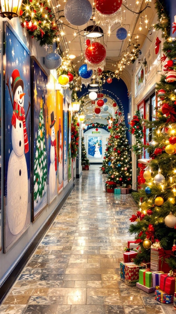 Festively decorated hallway with snowman artwork, Christmas trees, and colorful ornaments