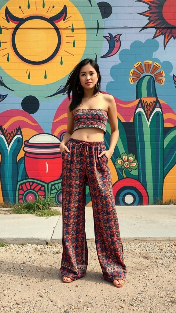 A woman in wide-leg pants and a cropped top stands in front of a colorful mural.