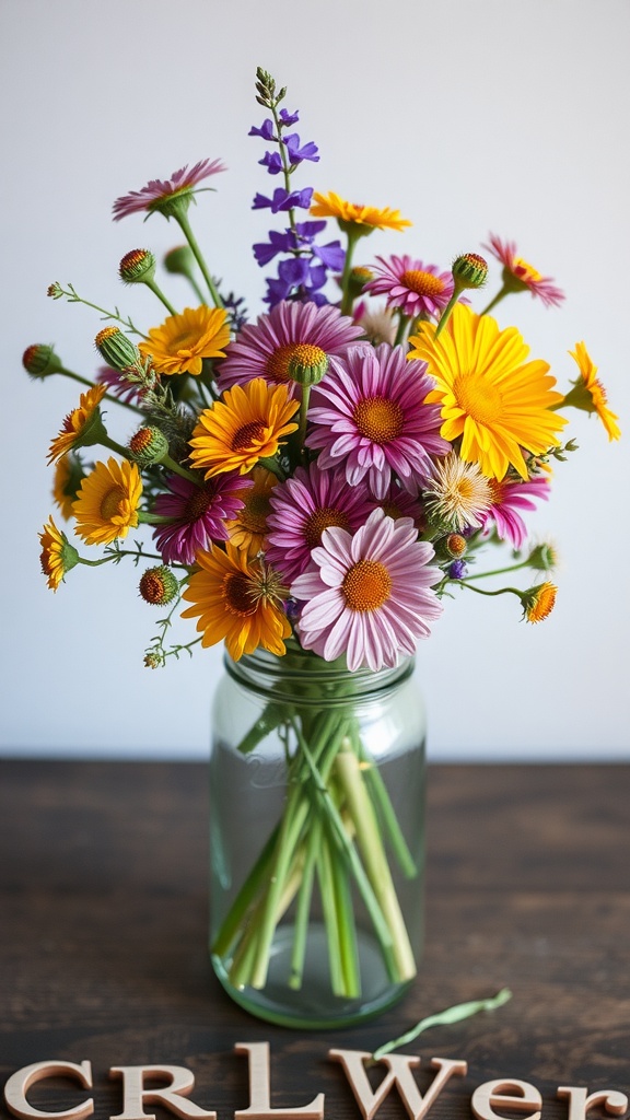 A colorful wildflower bouquet in a glass jar on a wooden table.