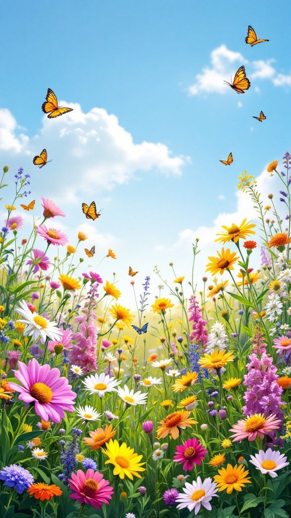 A vibrant wildflower meadow with butterflies flying among colorful flowers under a clear blue sky.