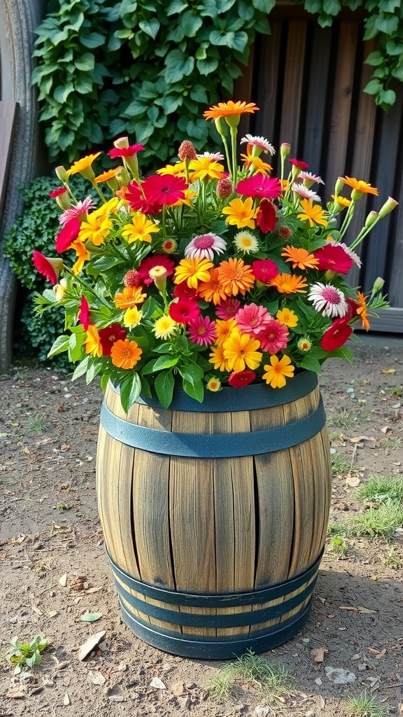 A rustic wine barrel planter filled with colorful flowers, featuring bright blooms of orange, red, and yellow, set against a green backdrop.