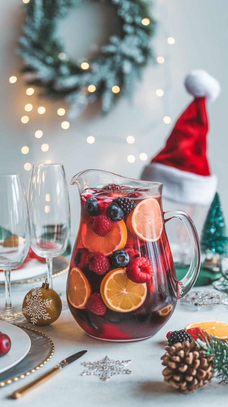 A pitcher of Winter Berry Sangria surrounded by glasses, festive decorations, and a holiday atmosphere.