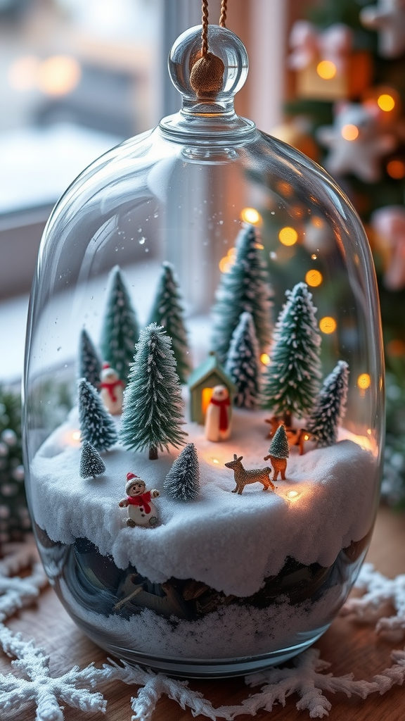 A winter terrarium featuring miniature trees, snowmen, and lights under a glass dome.