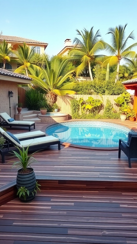 Wooden patio deck with lounge chairs and a pool surrounded by tropical plants