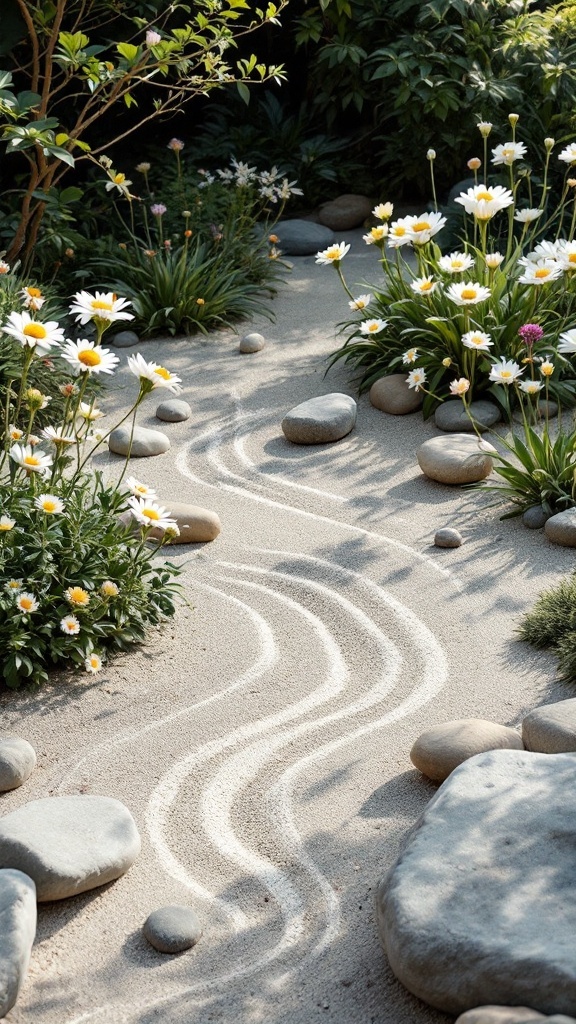 A zen garden featuring flowing sand patterns and minimalist flower arrangements with daisies and stones.