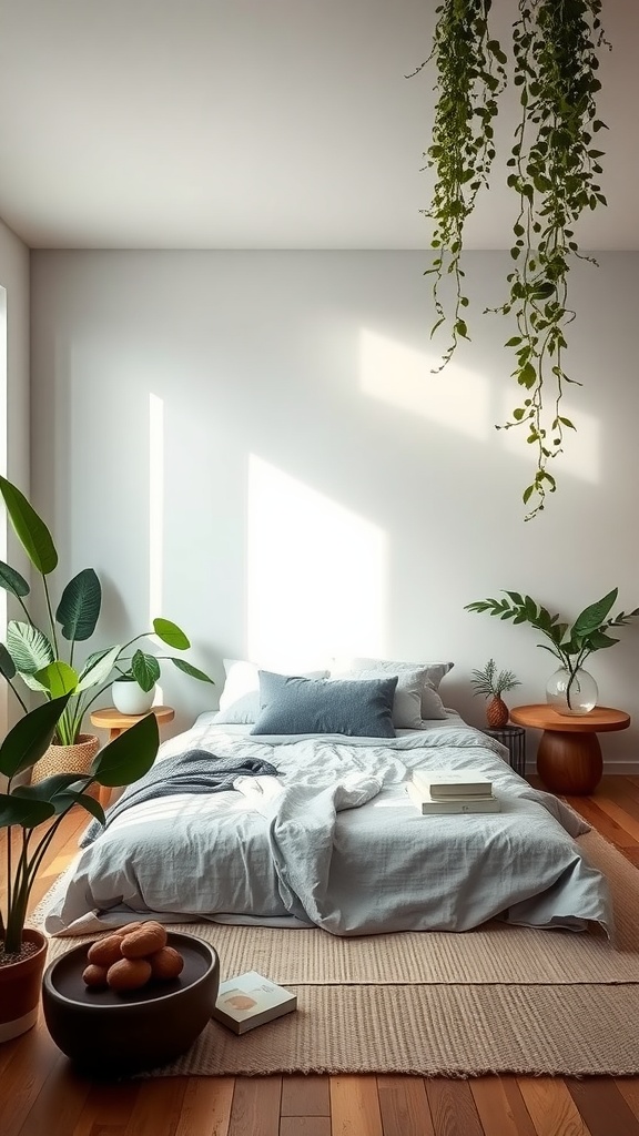 A serene bedroom with natural elements, featuring plants, soft bedding, and warm light.