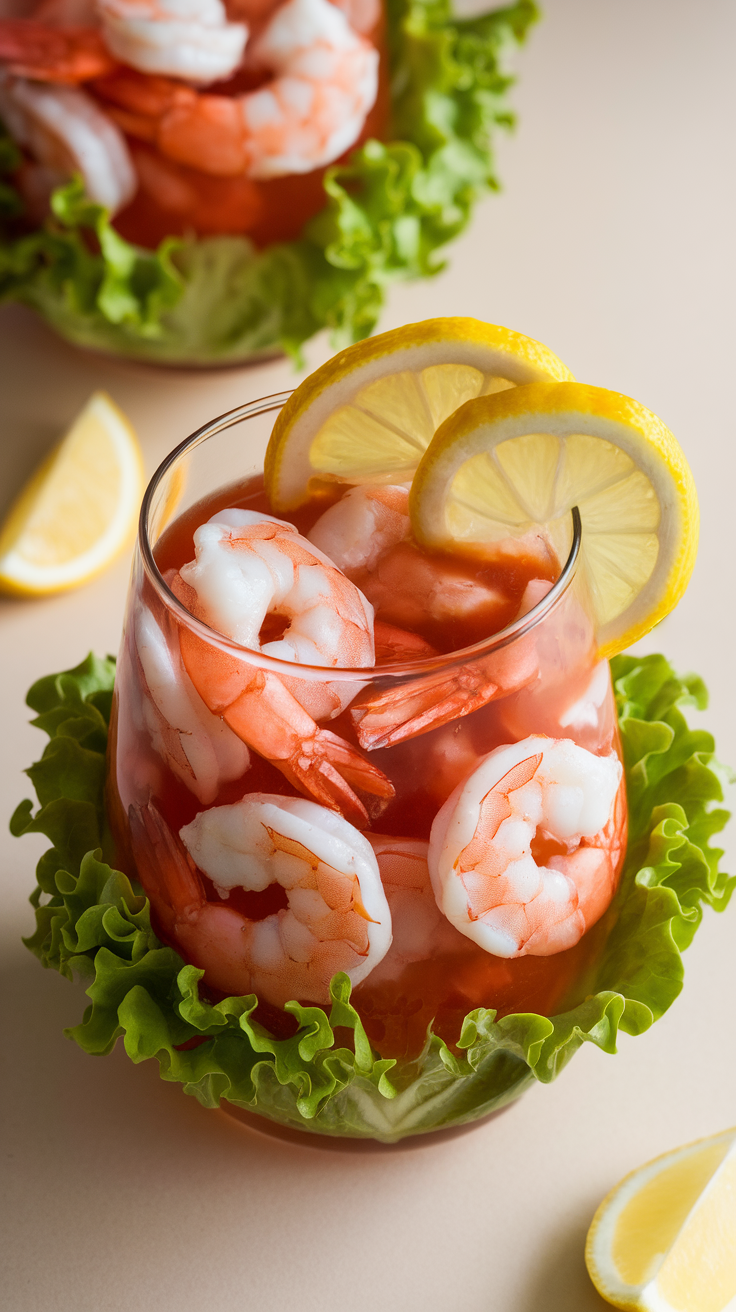 A refreshing shrimp cocktail served in a glass with lettuce and lemon slices.