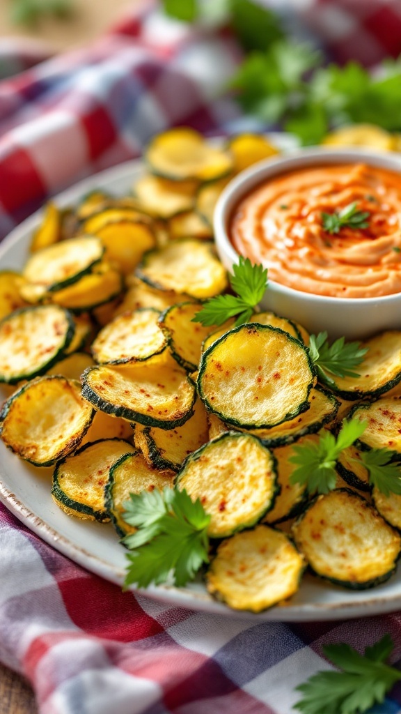 A plate of crispy zucchini chips served with a spicy yogurt dip.