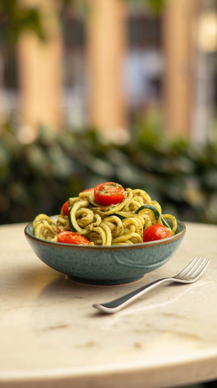 A bowl of zucchini noodles topped with pesto and cherry tomatoes, served on a marble table