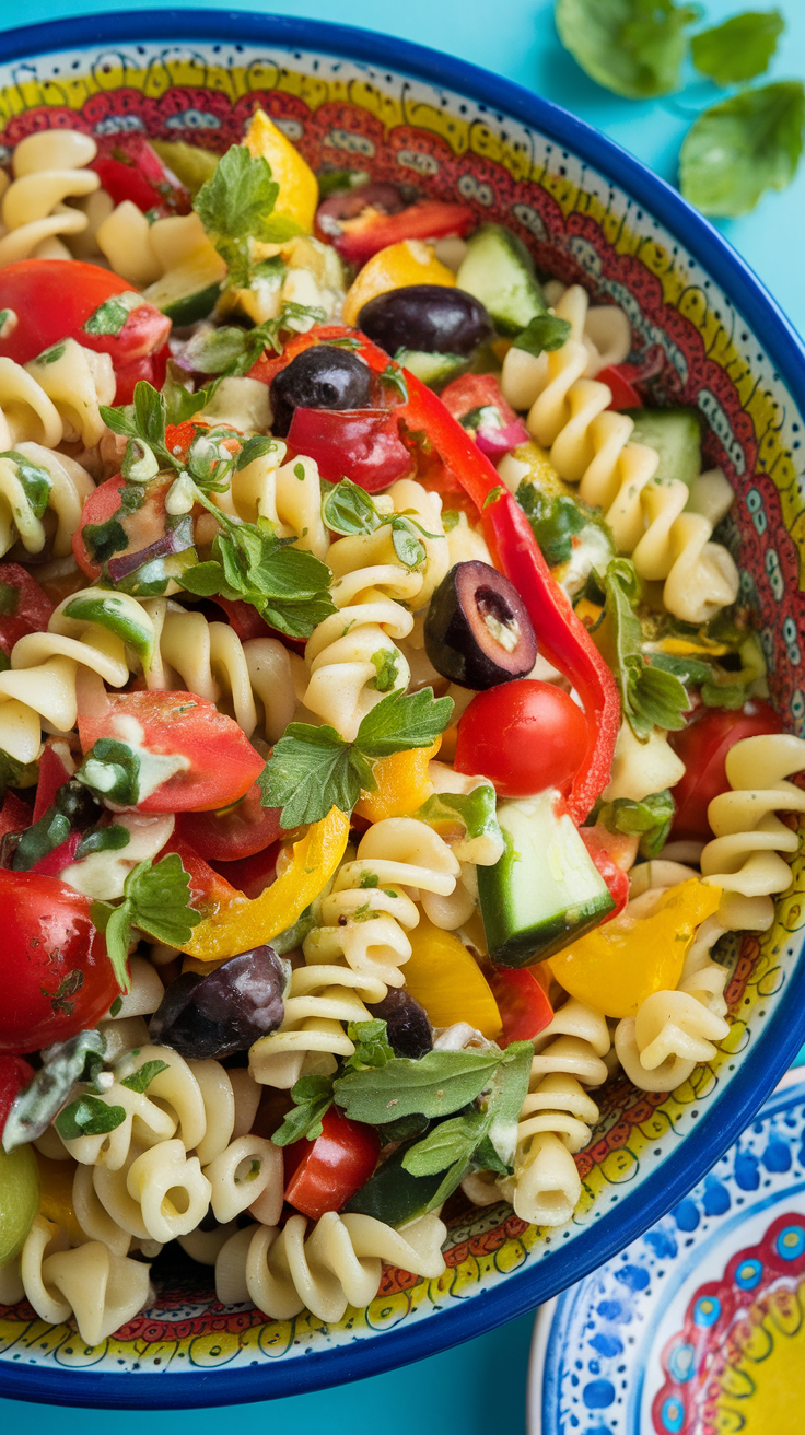 A vibrant bowl of colorful pasta salad with fresh vegetables and dressing.